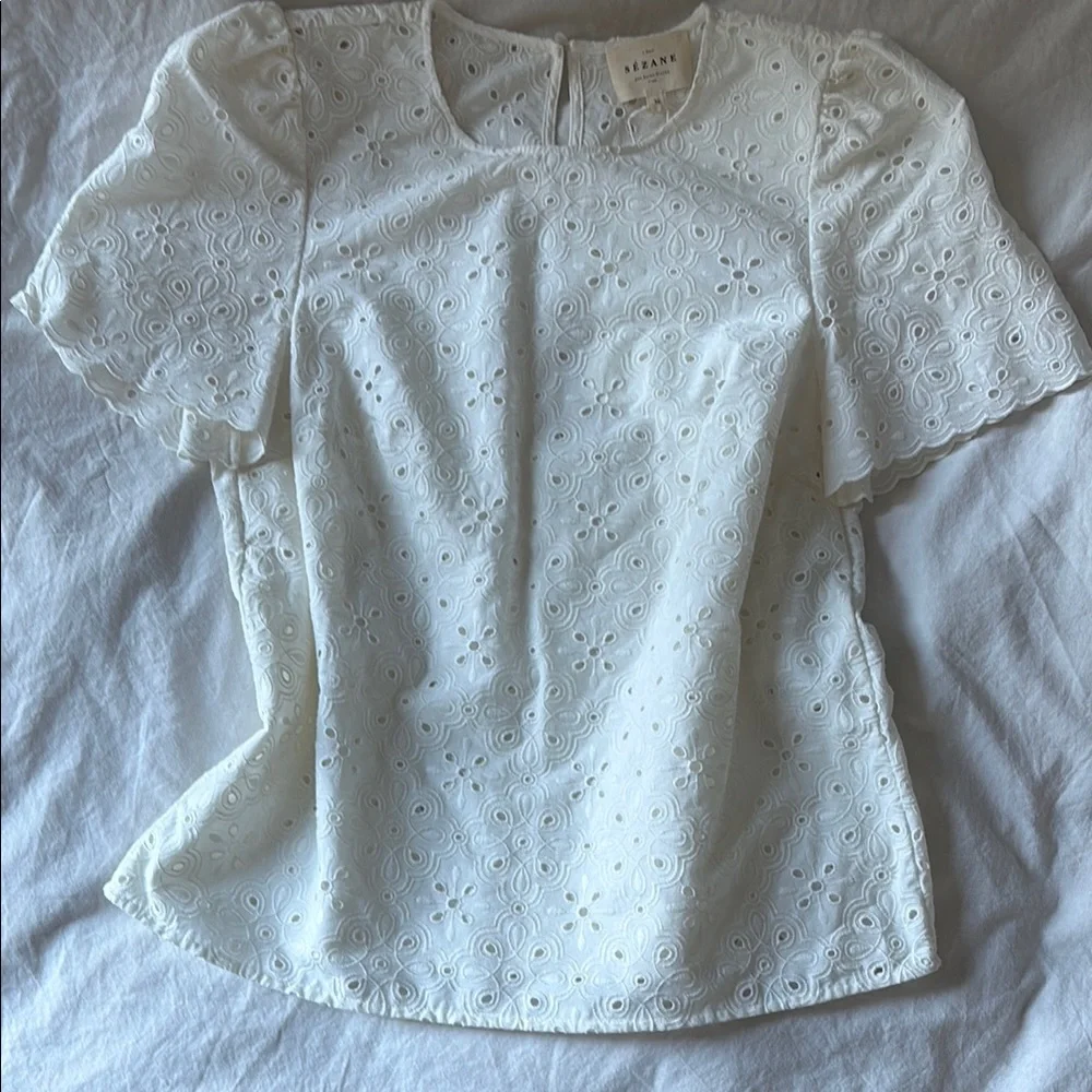 Sezane Annabelle Blouse | White Ruffled Scalloped Blouse Eyelet - Picture 2 of 10